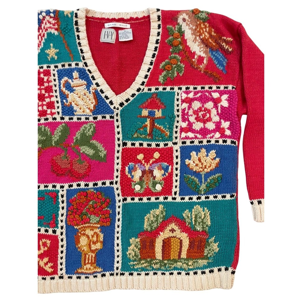 Vintage Patchwork Cottagecore Sweater Chunky Knit Americana Bird Fruit Flag 80s - Picture 4 of 9